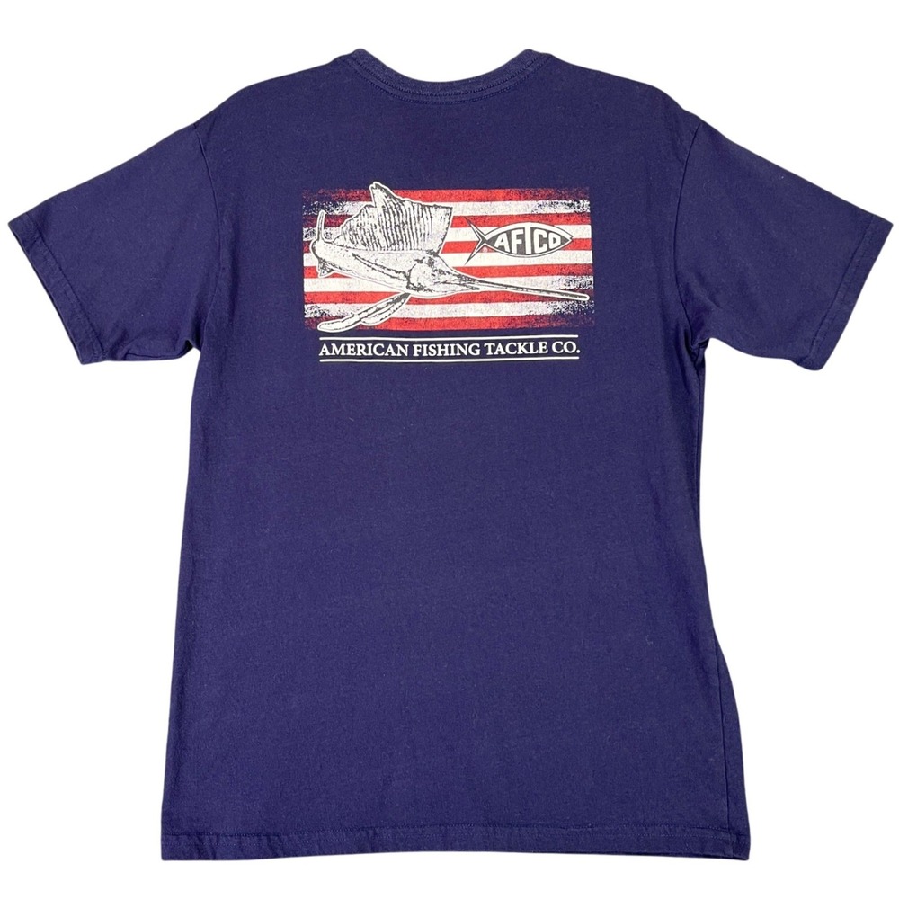 AFTCO American Flag Shirt Mens M Marlin Graphic Pocket Tee Fishing Blue